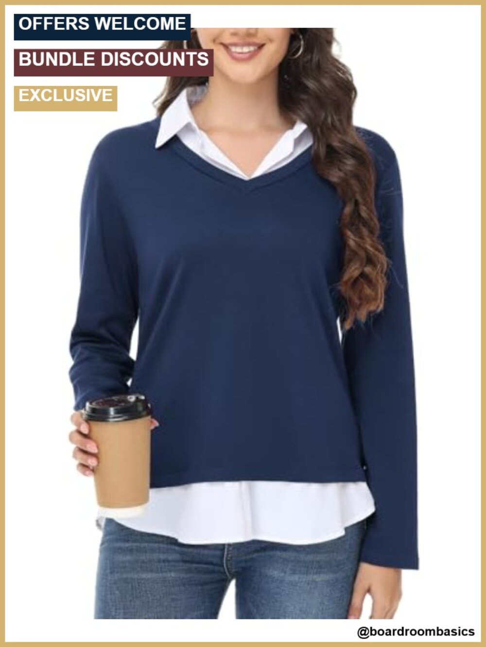 Women's V-Neck 2-in-1 Sweater Shirt 65% Polyester 35% Cotton Lightweight